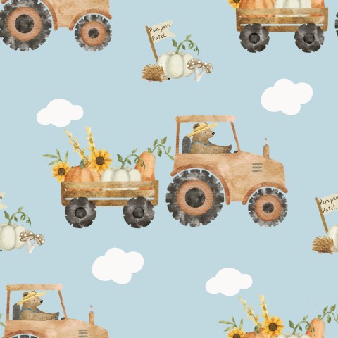 Waterproof fabric with a tractor, pumpkins and sunflowers