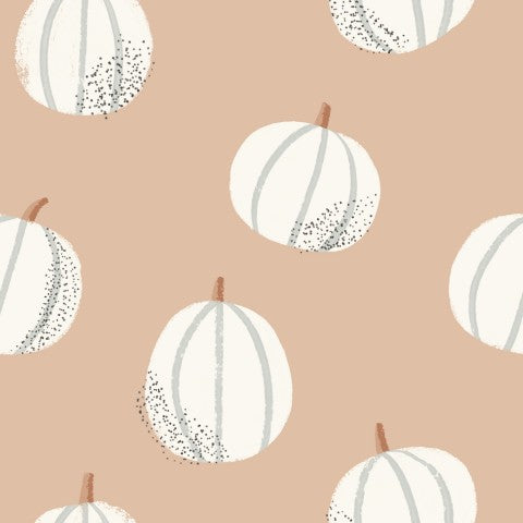 Satin cotton white pumpkins on light brown background