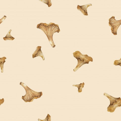 Jersey de canalé con estampado de setas sobre fondo beige