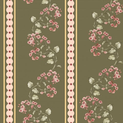Rib Jersey pink flowers on green background