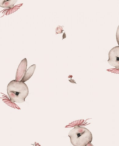 Rib Jersey ein Aquarellmuster von Kaninchen und Blumen auf weißem Hintergrund