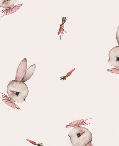 Muslin a pattern of rabbits and carrots on a white background