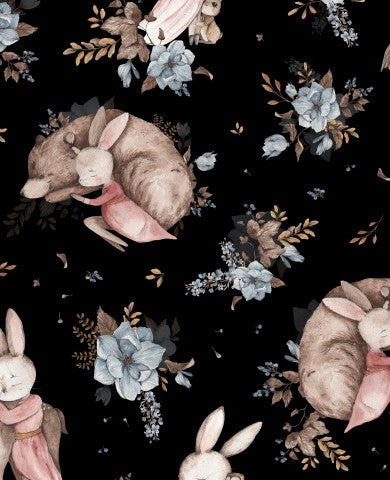 Satin cotton a black and white pattern with rabbits and flowers