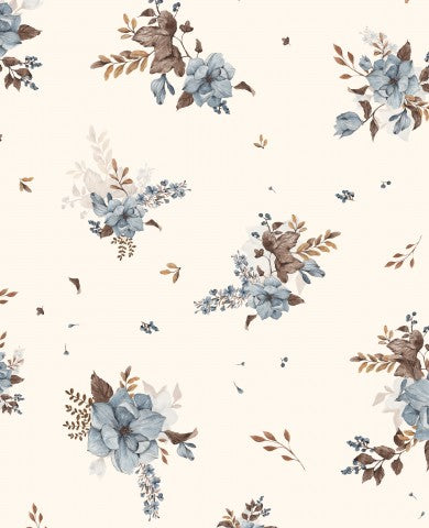 Jersey Blumenmuster mit blauen und braunen Blumen