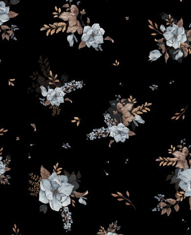 French Terry, un estampado floral en blanco y negro con flores azules.