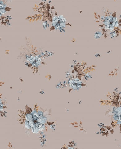 Panamastof med blomsterprint og blå og brune blomster
