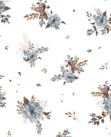 Rib Jersey Blumenmuster mit blauen und braunen Blumen