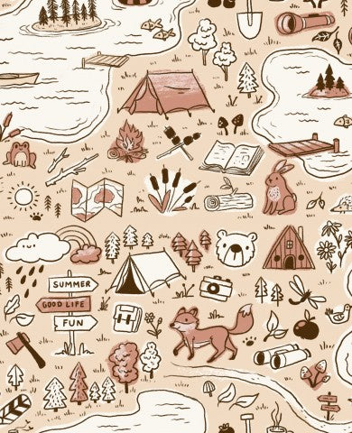 Satin cotton doodle card with camping and outdoor activities