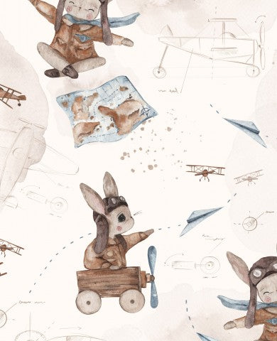 Satin cotton bunnies and airplanes in a fabric pattern