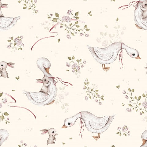 Satin cotton watercolor ducks and flowers
