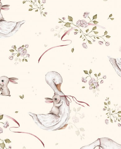 Rib Jersey ducks and flowers on beige background
