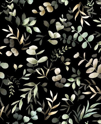 Waterproof fabric a black and white floral pattern with leaves on it
