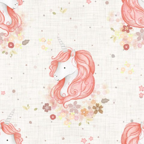 French Terry pattern with a unicorn head and flowers
