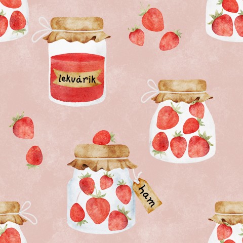 Rib Jersey strawberry jam in jars on a pink background