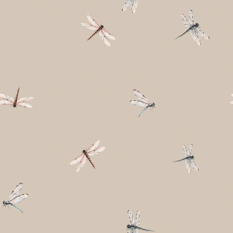 Lebensfrohe Libelle auf beigeem Baumwoll-Canvas-Stoff - 100% Baumwolle, meterweise verfügbar, ideal für Nähereien und DIY-Projekte.