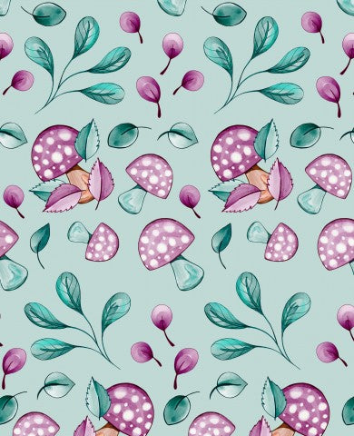 French Terry mushrooms and leaves on a blue background
