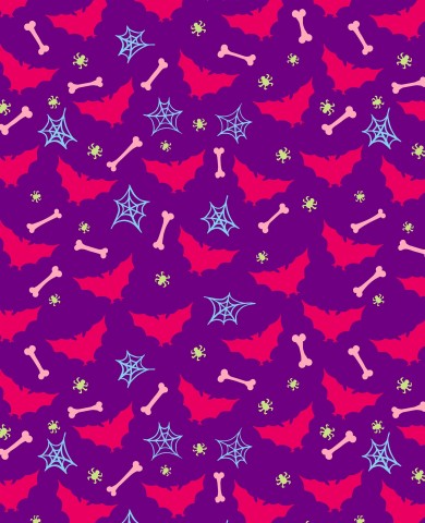 Raso di cotone con motivo viola di Halloween con pipistrelli, ragni e ossa