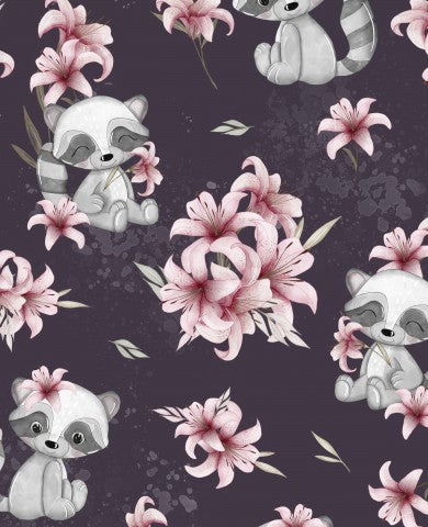 Rib Jersey cute raccoon and pink flowers