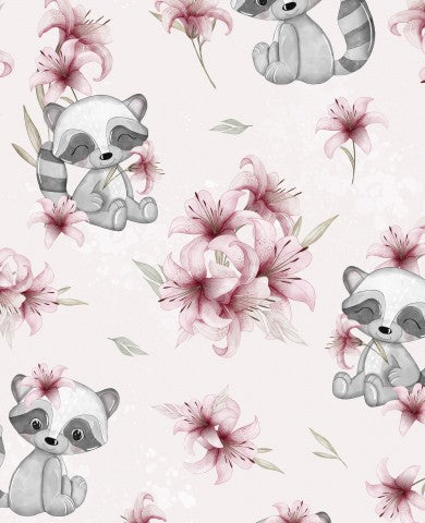 Satijnen katoenen schattige wasberen en bloemen