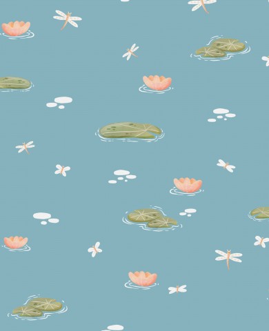 Sy dig til naturen: Bomuldslærred "Lillypads and Dragonflies Frosty Blue" - et smukt, frostblåt stof med farverige guldsmede og vandplanter