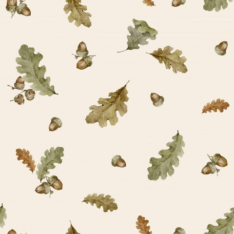 Foglie e ghiande acquerellate in mussola su sfondo beige