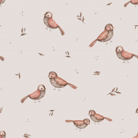 Sy dit design: Bomuldslærred Små fugle i taupe, 100% naturlige materialer, ideel til beklædning og pyntegenstande, 0,5 meter stof pr. pakke