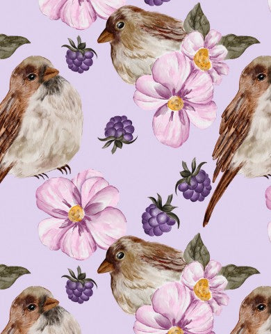 Panama Vögeln und Blumen auf violettem Hintergrund