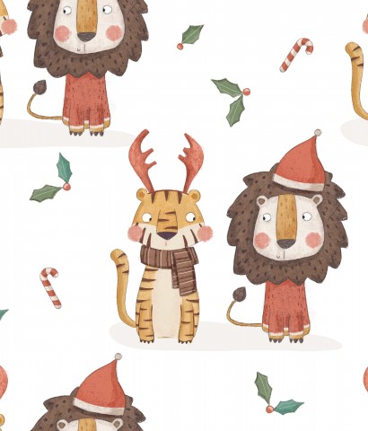Rib jersey Christmas pattern with lion, tiger and deer