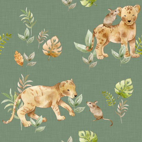 SoftShell watercolor animals on green fabric
