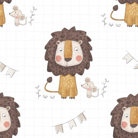 Muselina con un león de dibujos animados y un ratón.