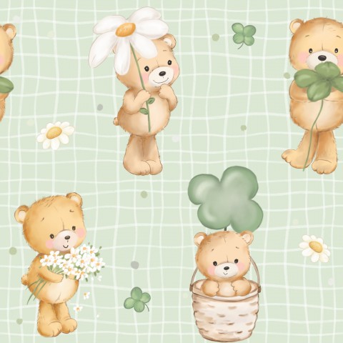 French Terry a set of cute teddy bears with flowers and clovers
