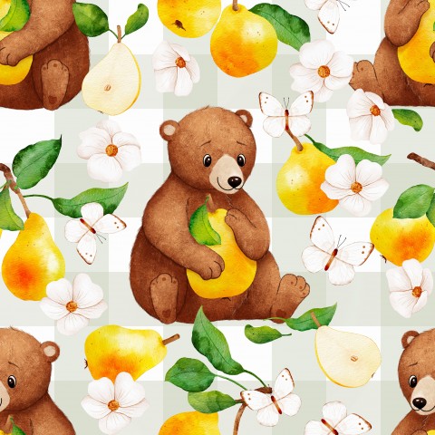 Waterproof fabric with a bear and pears in watercolor