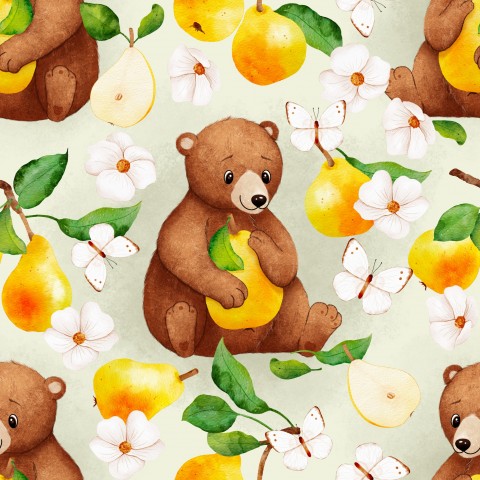 Waterproof fabric brown bear and pears