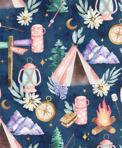Rib Jersey a watercolor pattern with camping tents, campfire and other items