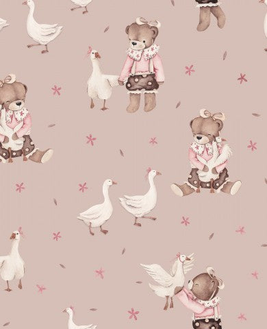 Nähliches Geschenk für Mädchen: Canvas Baumwolle Teddy mit Gänsen in altrosa, 25x25 cm - ideales Material zum Nähen von Kuscheltieren oder Dekorationsobjekten