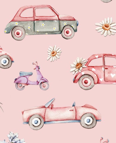 Waterproof fabric pattern of watercolor vintage cars on pink background