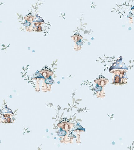 Muslin en blå och vit tapet med svampar och växter