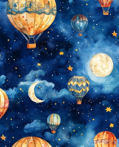 Satin Baumwolle ein Aquarell von Heißluftballons, die am Nachthimmel fliegen