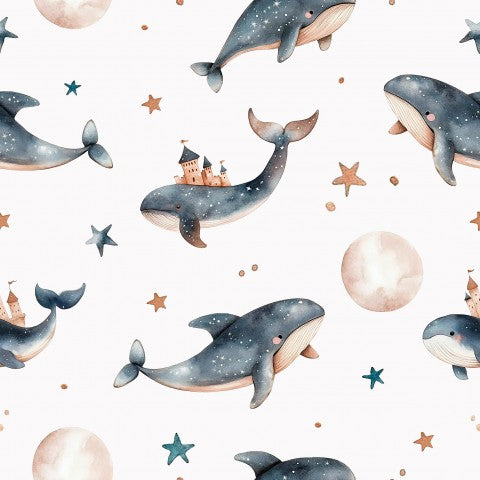 Balene e stelle in raso di cotone acquerellato