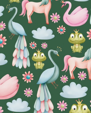 French Terry unicorns, frogs and flowers on a green background