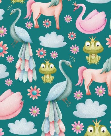 Waterdichte stof met eenhoorns, kikkers, vogels en bloemen