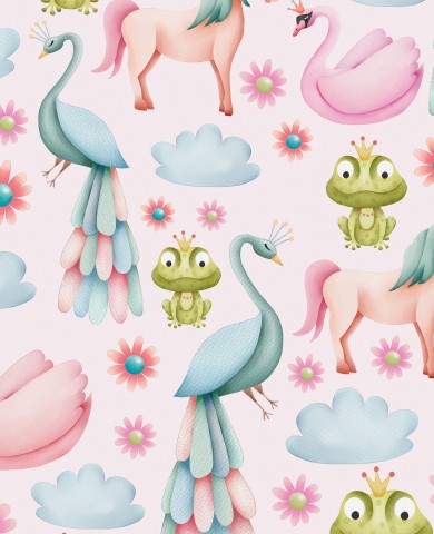 Unicorni, rane e uccelli in maglia a coste su sfondo rosa