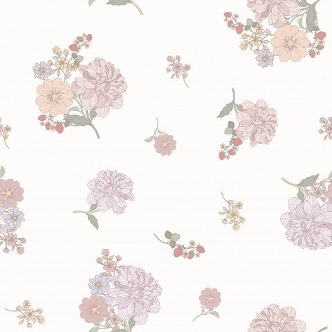Carta da parati floreale in tessuto impermeabile con fiori rosa, viola e bianchi