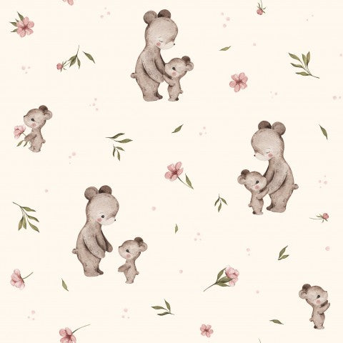 Waterproof fabric with a pattern of teddy bears and flowers on a white background