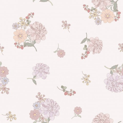 Carta da parati floreale in cotone satinato con fiori rosa, viola e bianchi