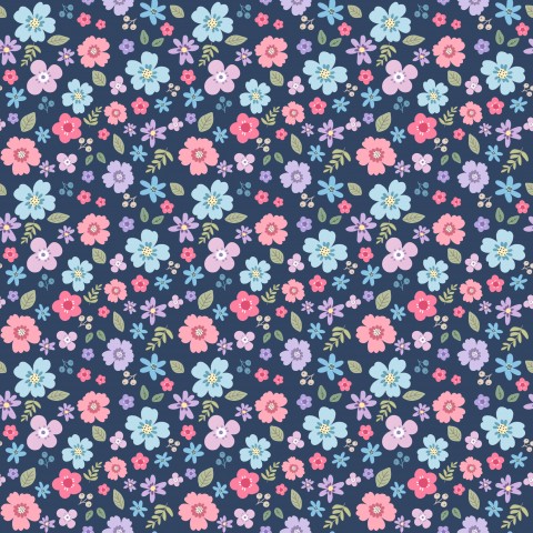 Satinbomuld med et blåt og lyserødt blomstermønster på en mørk baggrund