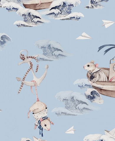 French Terry, un motif bleu et blanc avec des souris dans un bateau