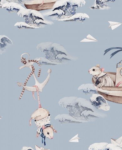 French Terry pattern of mice in a boat against a blue sky