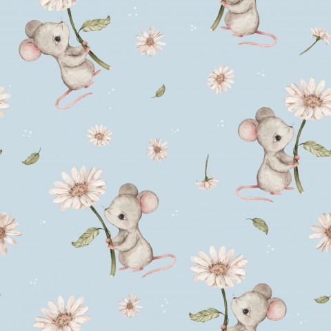 Waterproof fabric mice and daisies on a blue background