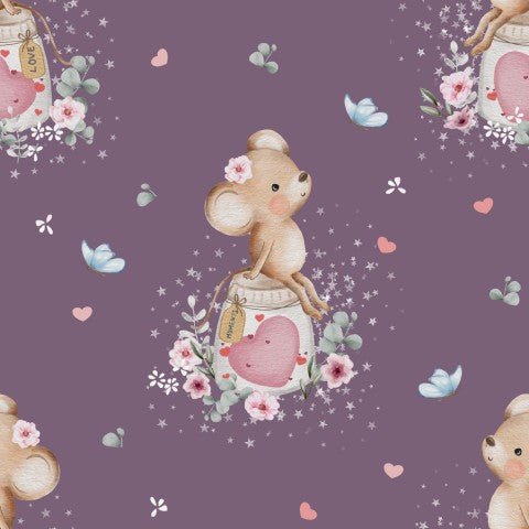 Rib Jersey a cute little mouse in a glass with flowers and hearts